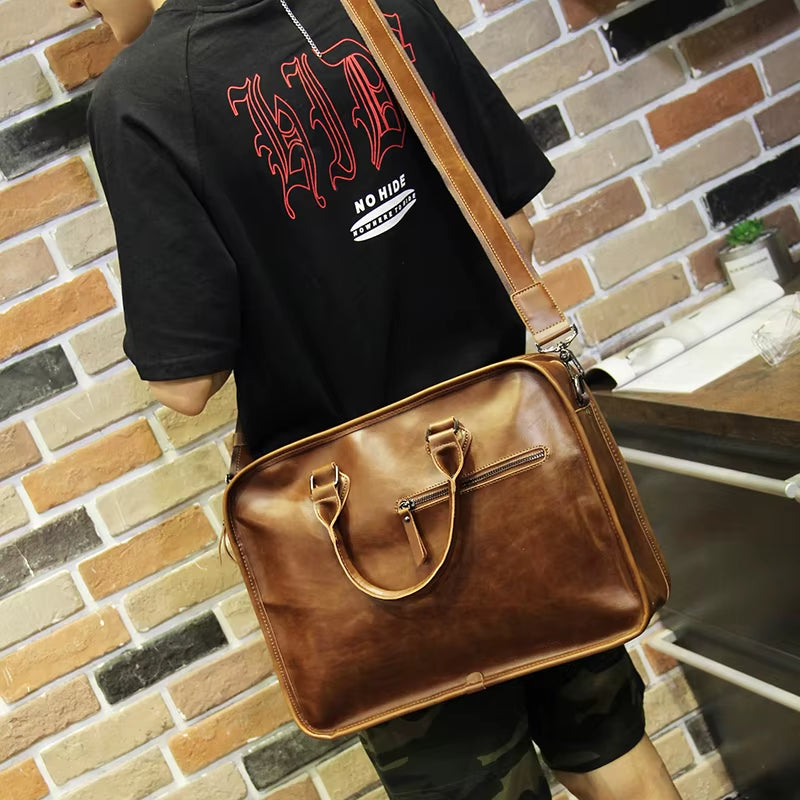 Brand Crazy Horse PU Leather Men Briefcase Vintage 14 Inch Business Laptop Handbag Fashion Messenger Shoulder Bag Man