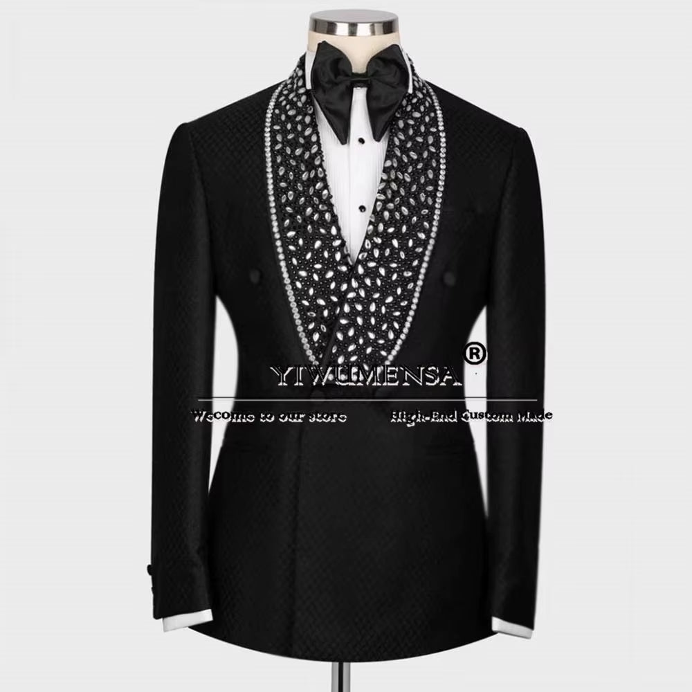 Luxury Diamond Beaded Suits Men for Wedding Double Breasted Jacket Pants 2 Pieces Groom Tuxedos Man Banquet Prom Blazer Outfits