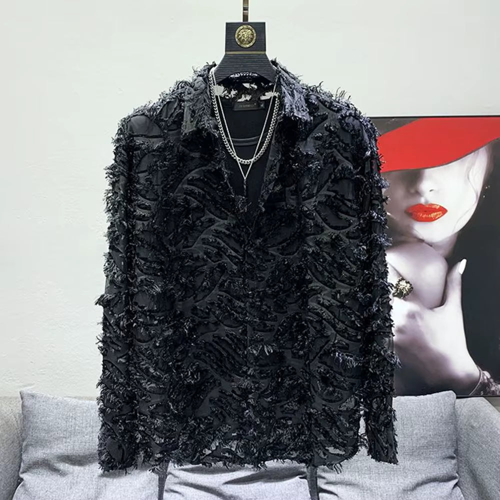 Mens Shirt Y2K Hollow Feather Tassel Shirt Streetwear Niche Personality Breathable Nightclub Trend Tops Men'S Clothing 2024