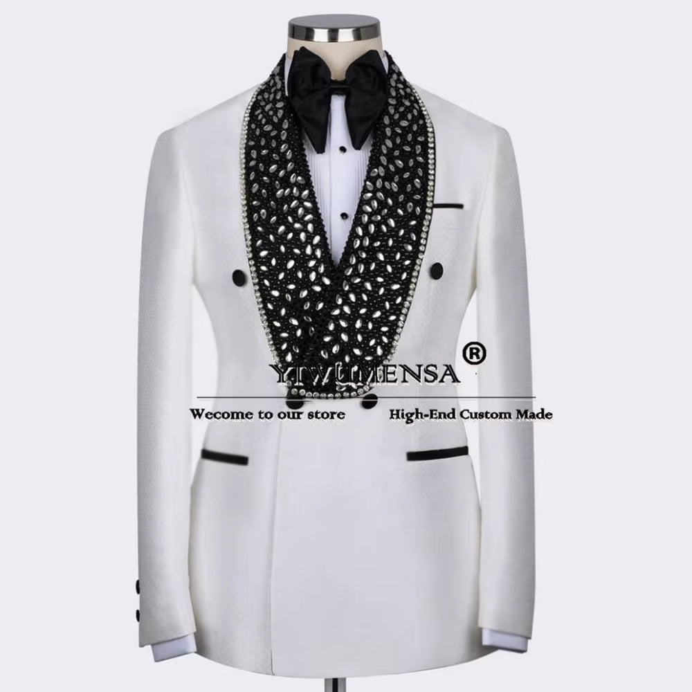 Luxury Diamond Beaded Suits Men for Wedding Double Breasted Jacket Pants 2 Pieces Groom Tuxedos Man Banquet Prom Blazer Outfits