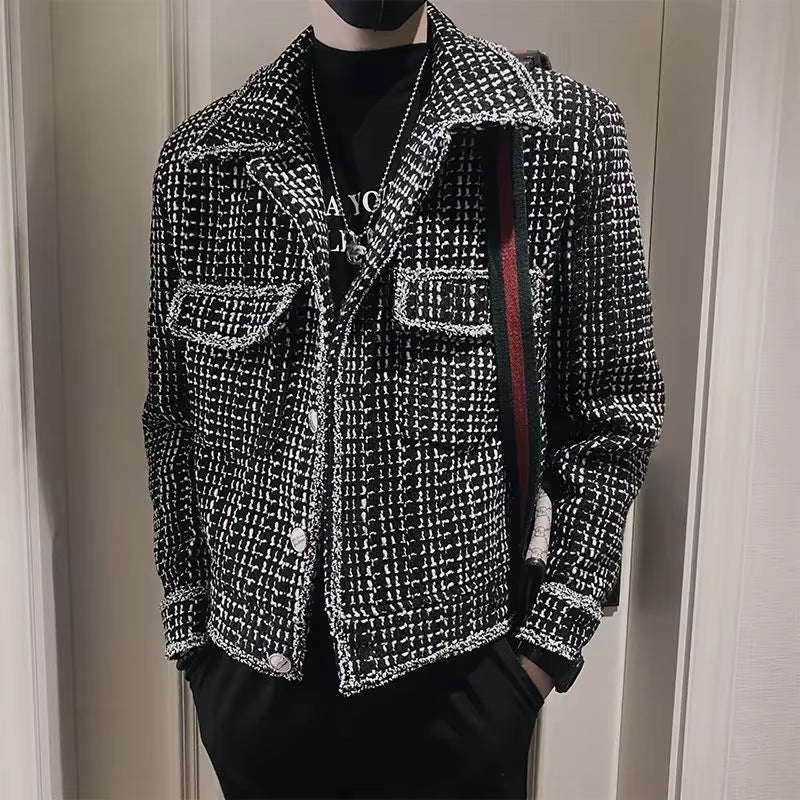 Men'S Plaid Patterned Jacket with Single Breasted Design Turn down Collar Casual Trend Style for Spring and Autumn Wear
