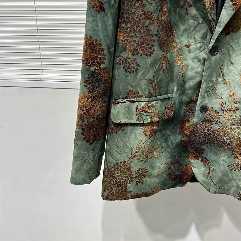 Gmiixder Vintage Flower Blazer Jacket Dark Autumn Top Retro Irregular Printed Suit Jacket Korean High-End Handsome Men'S Coat