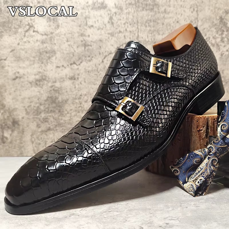 Luxury Men'S Loafers Shoes Snake Prints Formal Dress Mens Casual Shoes Black Brown Genuine Leather Double Monk Shoes Men