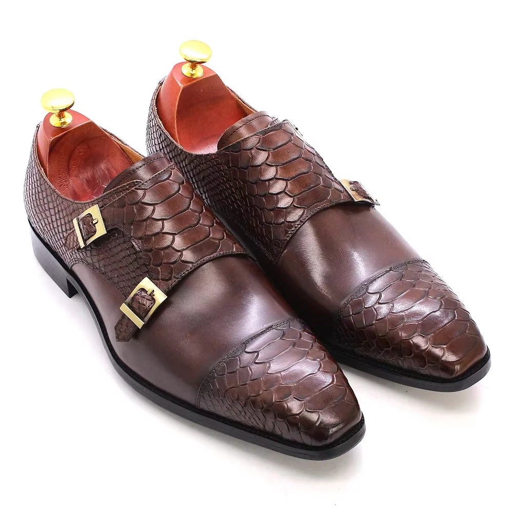 Men'S Dress Shoes Size 39-46 Genuine Leather Double Buckle Monk Strap Snake Print Cap Toe Classic Italian Style
