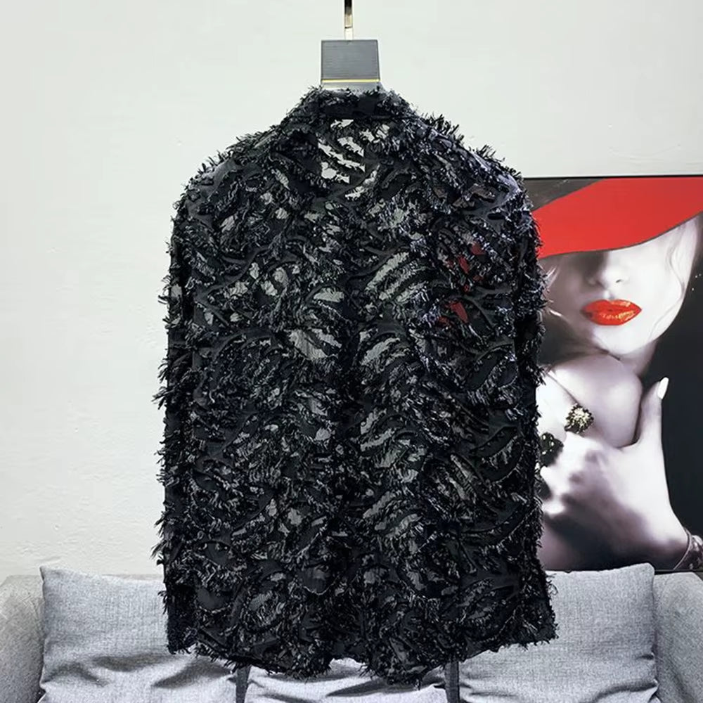 Mens Shirt Y2K Hollow Feather Tassel Shirt Streetwear Niche Personality Breathable Nightclub Trend Tops Men'S Clothing 2024