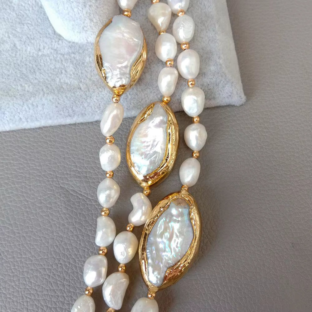 Y·YING 20" 3 Rows Cultured Baroque Pearl Necklace Keshi Pearl Gold Color Plated Connector Chokers Luxury Wedding for Women