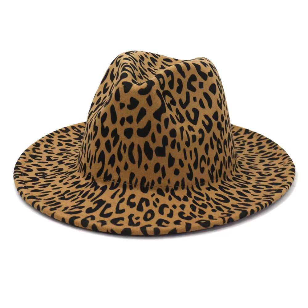 Wide Brim Leopard Print with Red Bottom Fedora Faux Wool Felt Hat Women Men Party Trilby Jazz Church Hats Patchwork Panama Cap