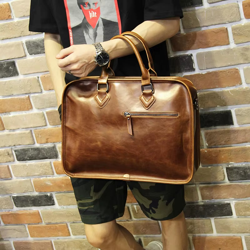 Brand Crazy Horse PU Leather Men Briefcase Vintage 14 Inch Business Laptop Handbag Fashion Messenger Shoulder Bag Man