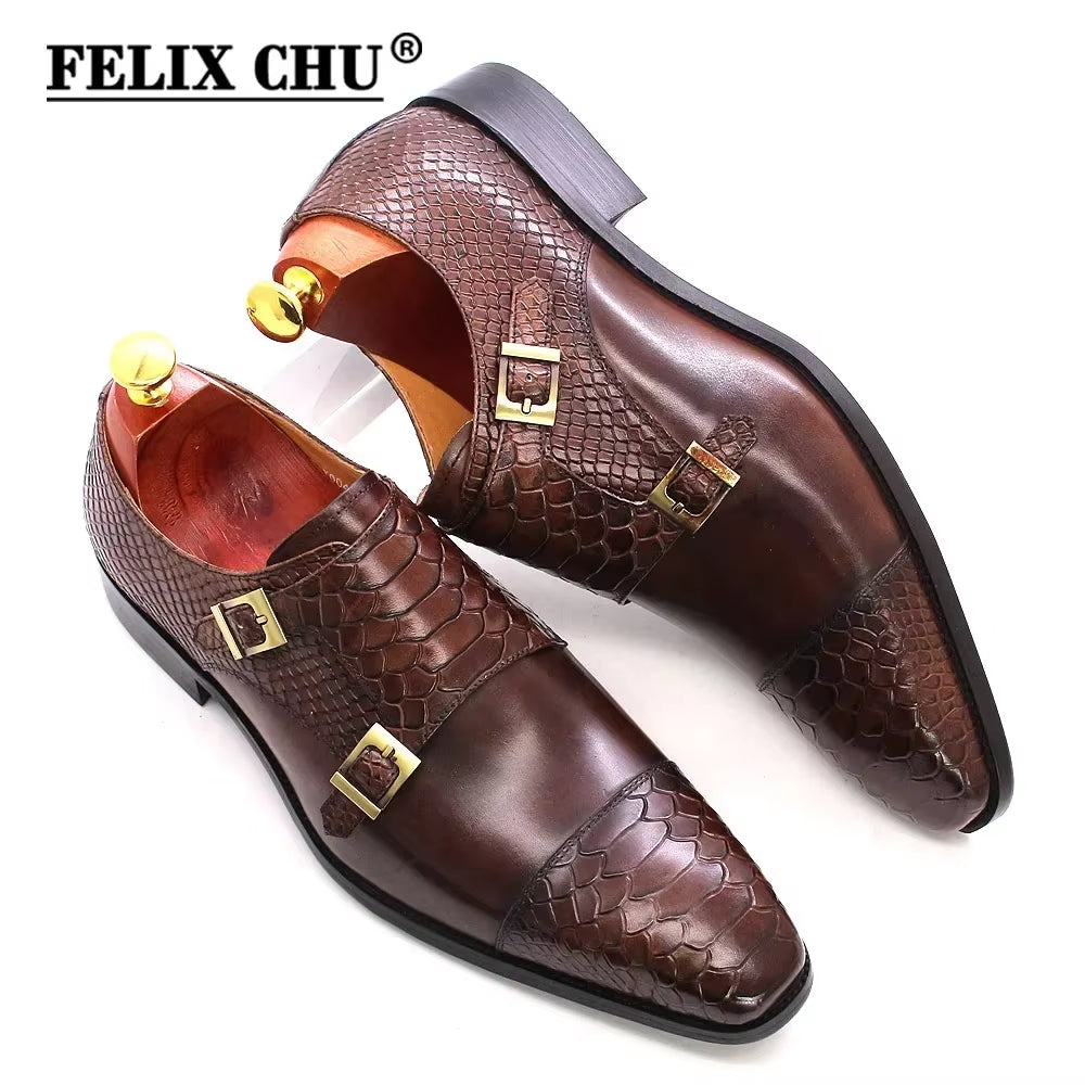 Men'S Dress Shoes Size 39-46 Genuine Leather Double Buckle Monk Strap Snake Print Cap Toe Classic Italian Style