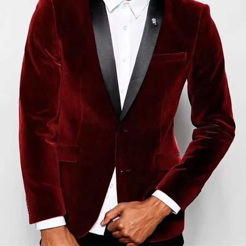 1 Piece Luxury Burgundy Velvet Men'S Suits Single Breasted Black Shawl Lapel Slim Fit Blazer Formal Wedding Groom Jacket Outfit