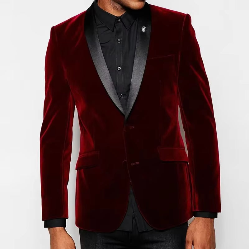 1 Piece Luxury Burgundy Velvet Men'S Suits Single Breasted Black Shawl Lapel Slim Fit Blazer Formal Wedding Groom Jacket Outfit