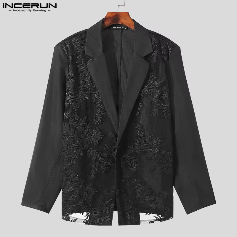 Men Blazer Mesh Patchwork Lace Transparent Lapel Long Sleeve Casual Suits Men Streetwear 2024 One Button Fashion Coats