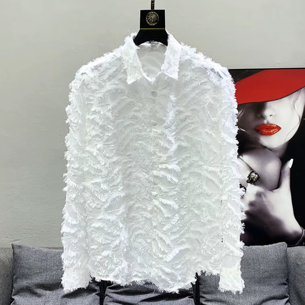 Mens Shirt Y2K Hollow Feather Tassel Shirt Streetwear Niche Personality Breathable Nightclub Trend Tops Men'S Clothing 2024