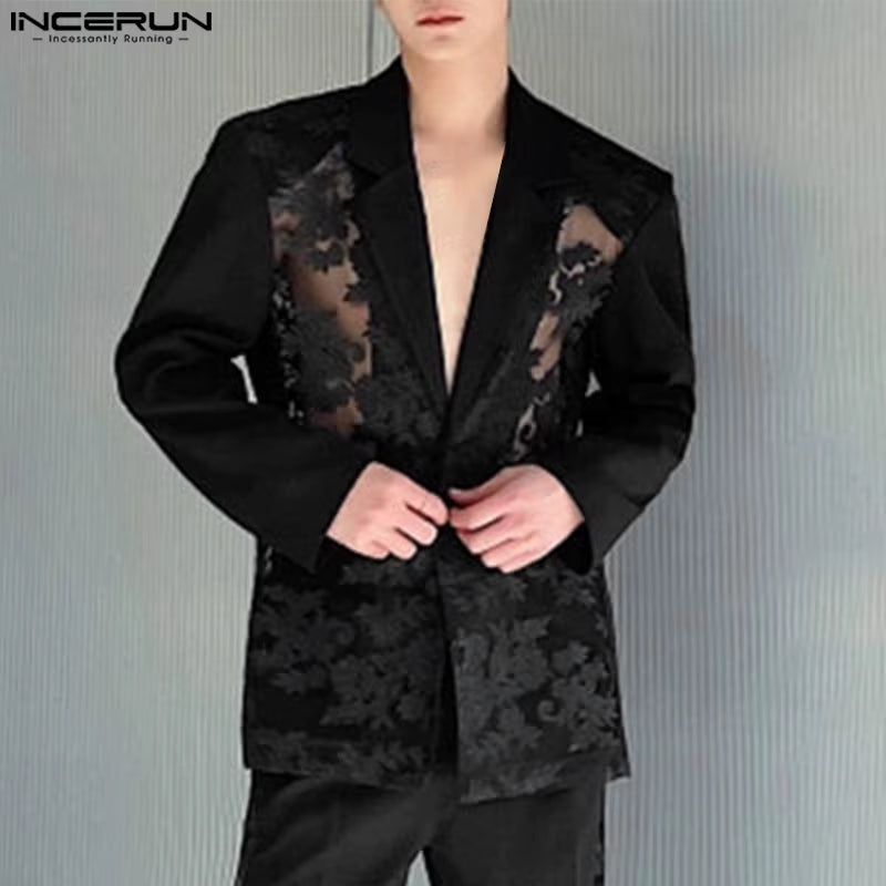 Men Blazer Mesh Patchwork Lace Transparent Lapel Long Sleeve Casual Suits Men Streetwear 2024 One Button Fashion Coats