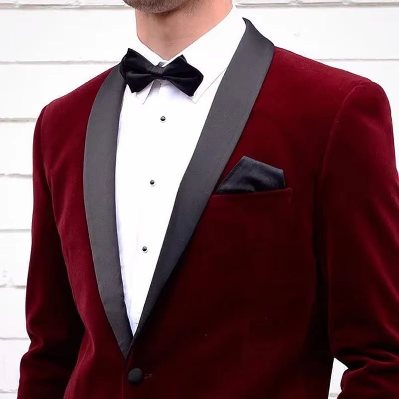 1 Piece Luxury Burgundy Velvet Men'S Suits Single Breasted Black Shawl Lapel Slim Fit Blazer Formal Wedding Groom Jacket Outfit