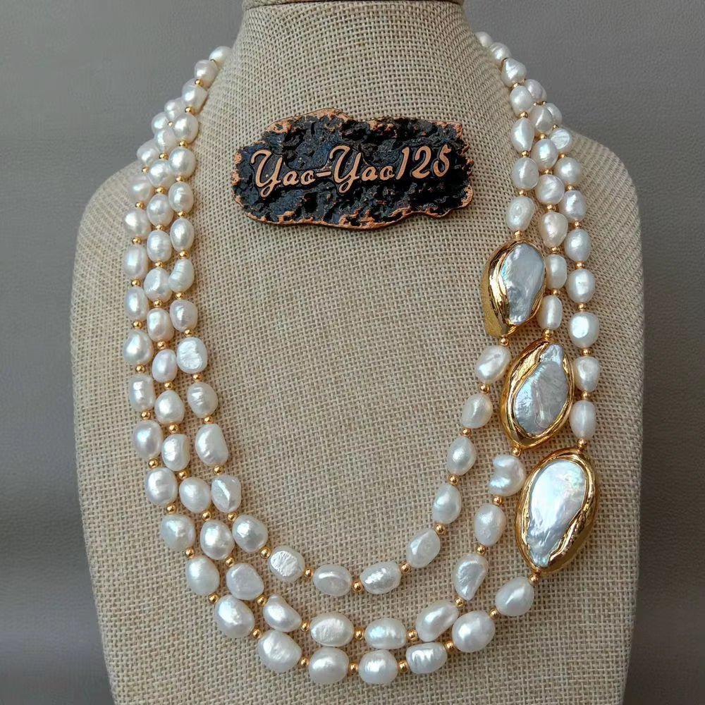 Y·YING 20" 3 Rows Cultured Baroque Pearl Necklace Keshi Pearl Gold Color Plated Connector Chokers Luxury Wedding for Women