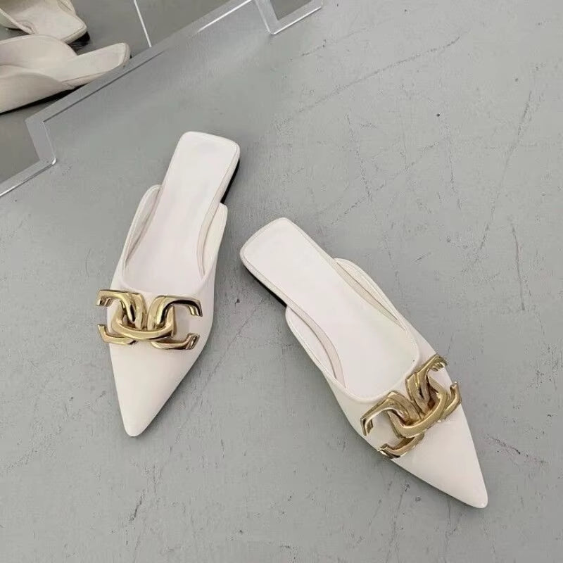 2024 New Summer Women Flat Slippers Fashion Metal Chain Pointed Toe Sandals Casual Shoes outside Slippers Women Slides Women