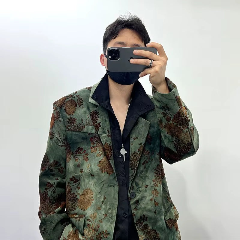 Gmiixder Vintage Flower Blazer Jacket Dark Autumn Top Retro Irregular Printed Suit Jacket Korean High-End Handsome Men'S Coat