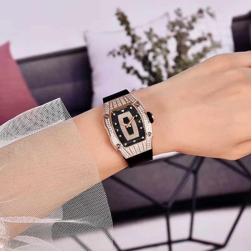 Luxury Women Fashion Tonneau Quartz Watch Swiss Ronda Movt Diamond Studded Ladies Elegant Wristwatch Montre Femme