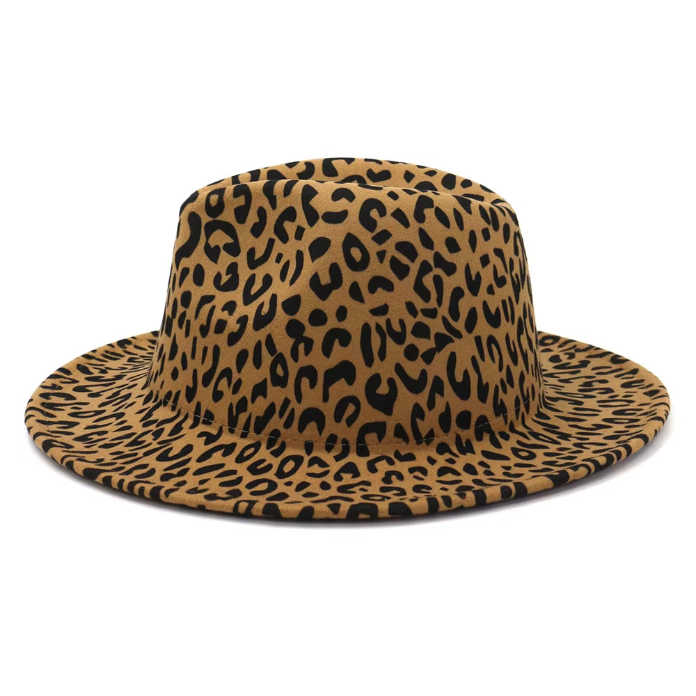 Wide Brim Leopard Print with Red Bottom Fedora Faux Wool Felt Hat Women Men Party Trilby Jazz Church Hats Patchwork Panama Cap
