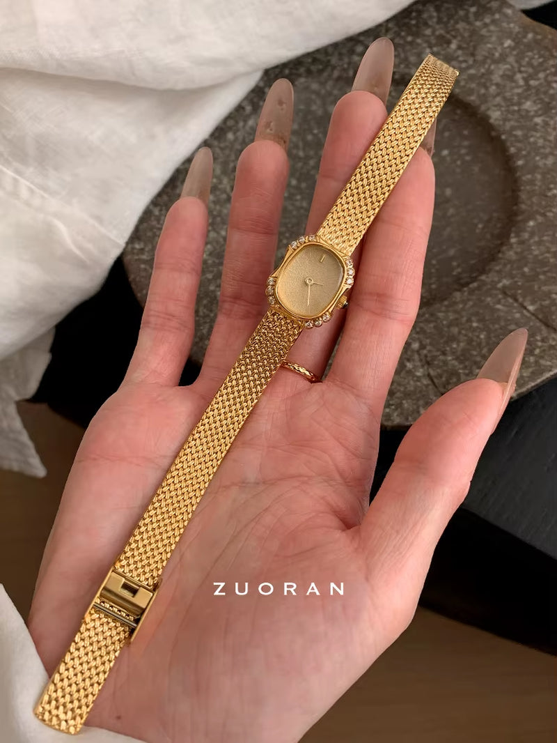 Vintage High-End Gold Watch, Fashionable and Exquisite Women'S Watch with Rhinestones Inlaid, Luxurious Temperament