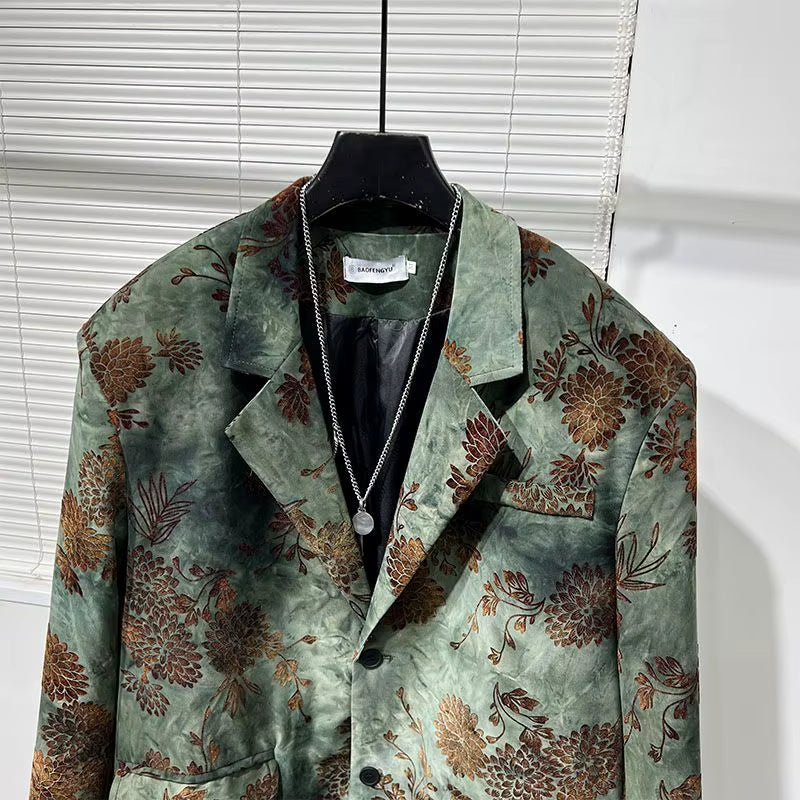 Gmiixder Vintage Flower Blazer Jacket Dark Autumn Top Retro Irregular Printed Suit Jacket Korean High-End Handsome Men'S Coat