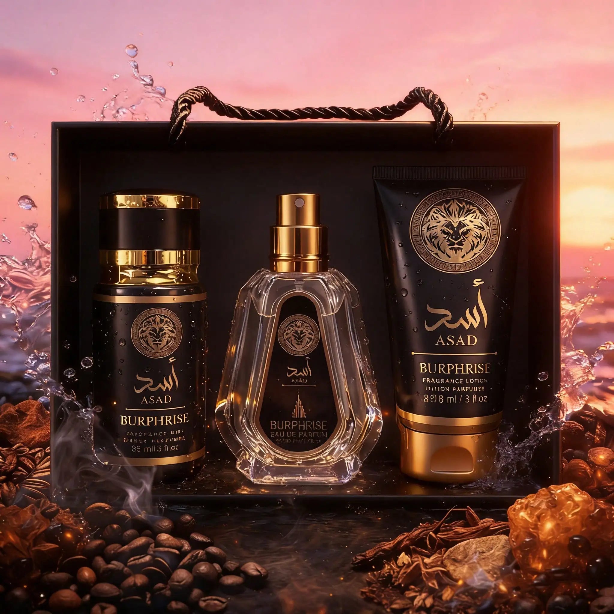 BURPHISE ASAD Coffret Cadeau Homme – Parfum Oriental Boisé | EDP 50 ml + Brume 88 ml + Lotion 88 g