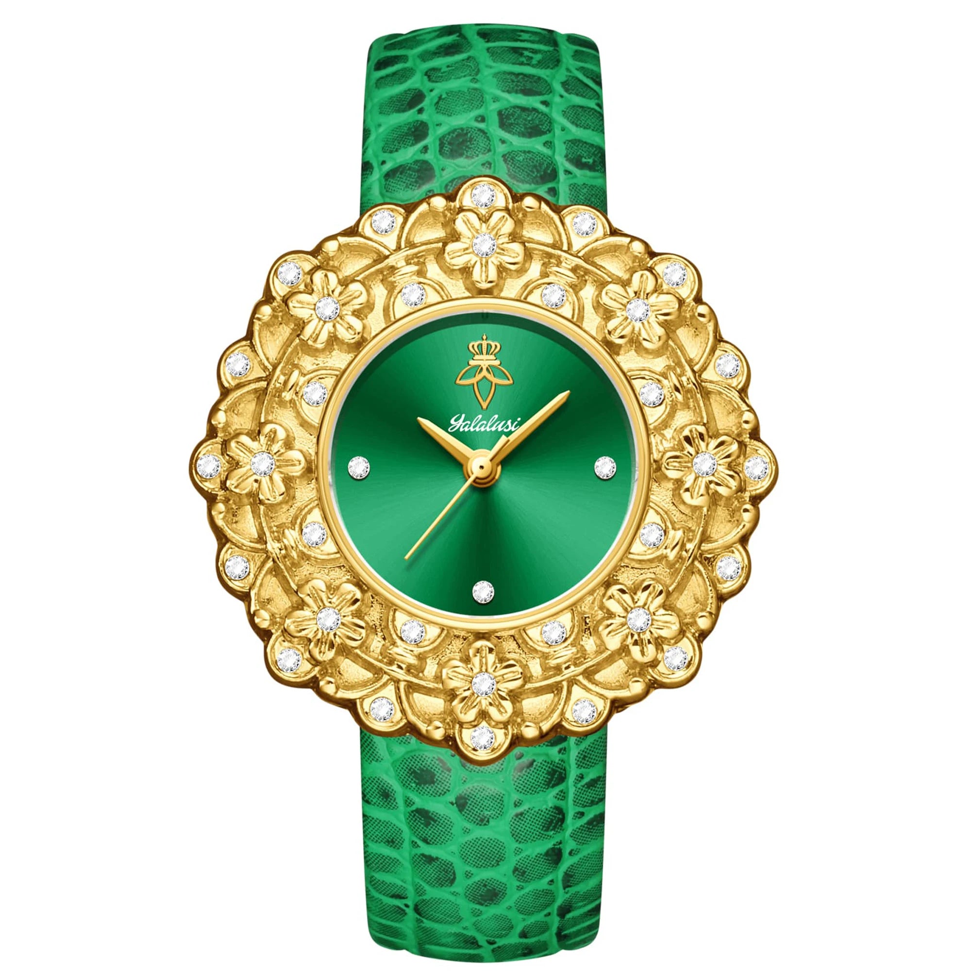 Montre à Quartz pour femmes, grand cadran émeraude avec strass scintillants, magnifique cadeau de fleur dorée
