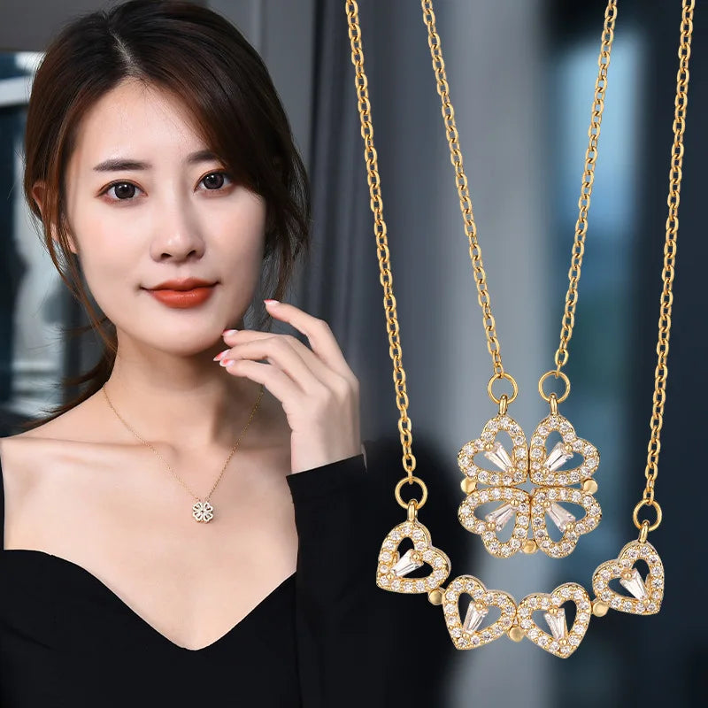 Coffret cadeau Rose collier d'herbe à quatre feuilles collier coeur mignon trèfle à quatre feuilles collier délicat colliers en or cadeaux pour petite amie