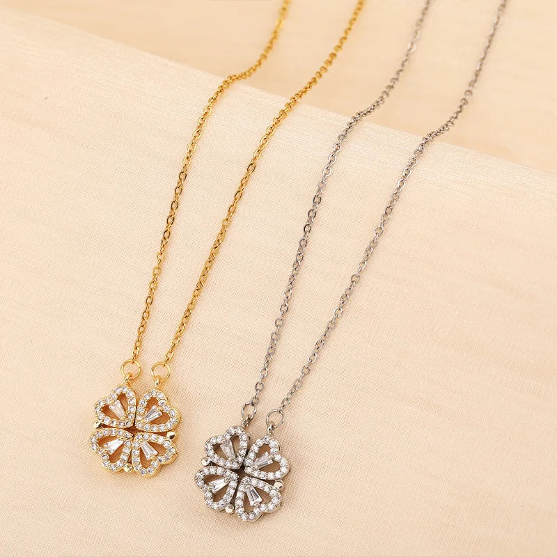 Coffret cadeau Rose collier d'herbe à quatre feuilles collier coeur mignon trèfle à quatre feuilles collier délicat colliers en or cadeaux pour petite amie