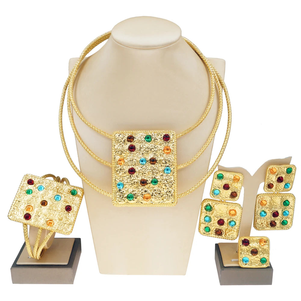Ensemble de bijoux en cuivre pur plaqué or du Brésil pour femme, matériel de pierres précieuses artificielles, collier de luxe, bracelet, cadeaux de gala, bijoux de mariage