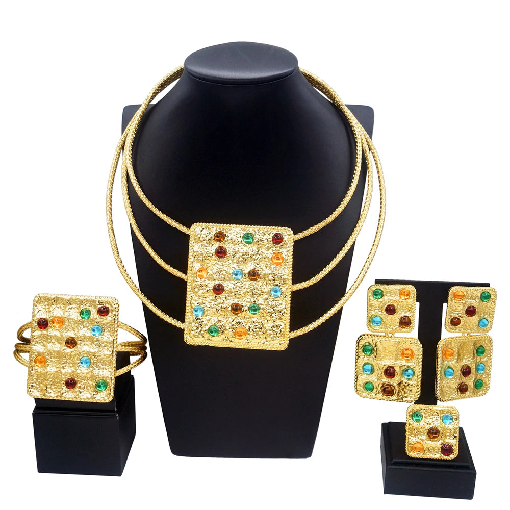 Ensemble de bijoux en cuivre pur plaqué or du Brésil pour femme, matériel de pierres précieuses artificielles, collier de luxe, bracelet, cadeaux de gala, bijoux de mariage