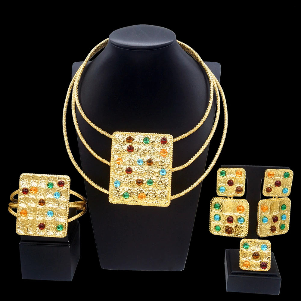 Ensemble de bijoux en cuivre pur plaqué or du Brésil pour femme, matériel de pierres précieuses artificielles, collier de luxe, bracelet, cadeaux de gala, bijoux de mariage
