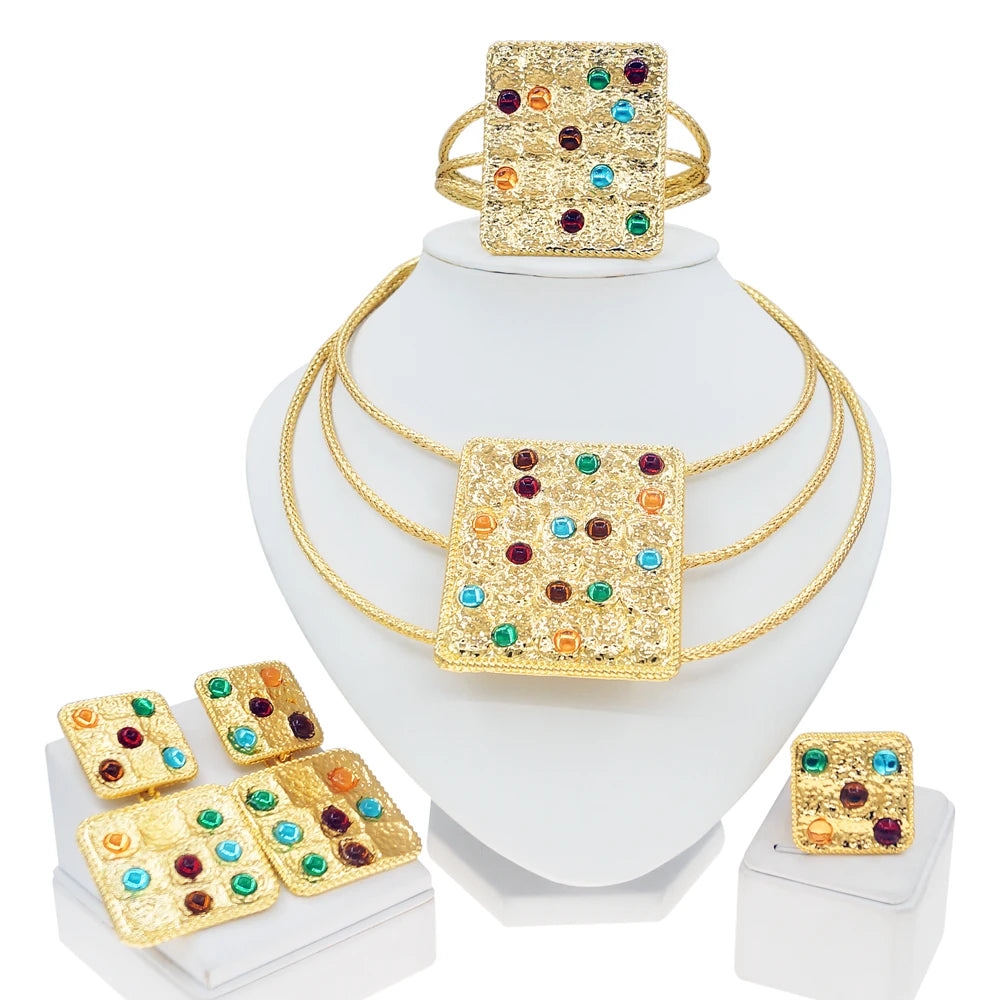 Ensemble de bijoux en cuivre pur plaqué or du Brésil pour femme, matériel de pierres précieuses artificielles, collier de luxe, bracelet, cadeaux de gala, bijoux de mariage