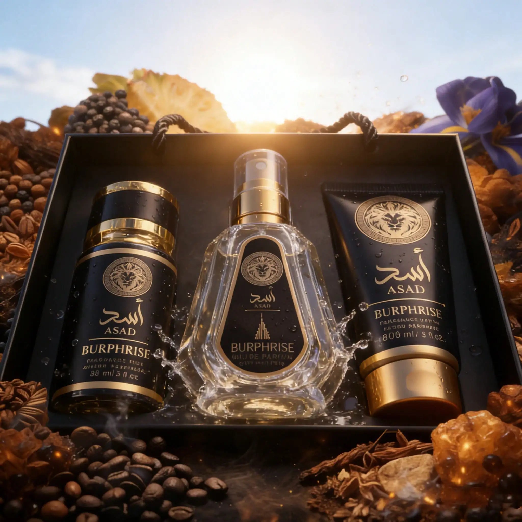 BURPHISE ASAD Coffret Cadeau Homme – Parfum Oriental Boisé | EDP 50 ml + Brume 88 ml + Lotion 88 g