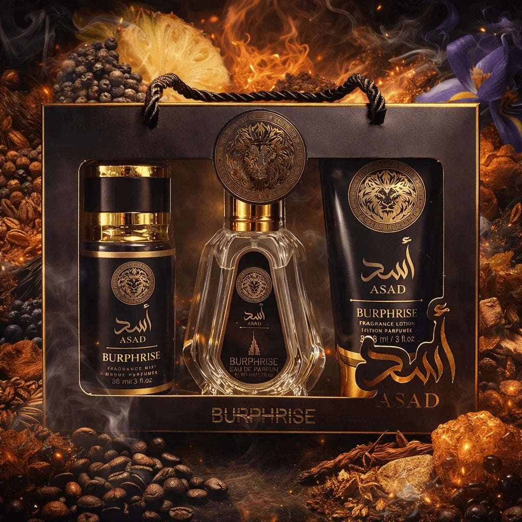 BURPHISE ASAD Coffret Cadeau Homme – Parfum Oriental Boisé | EDP 50 ml + Brume 88 ml + Lotion 88 g