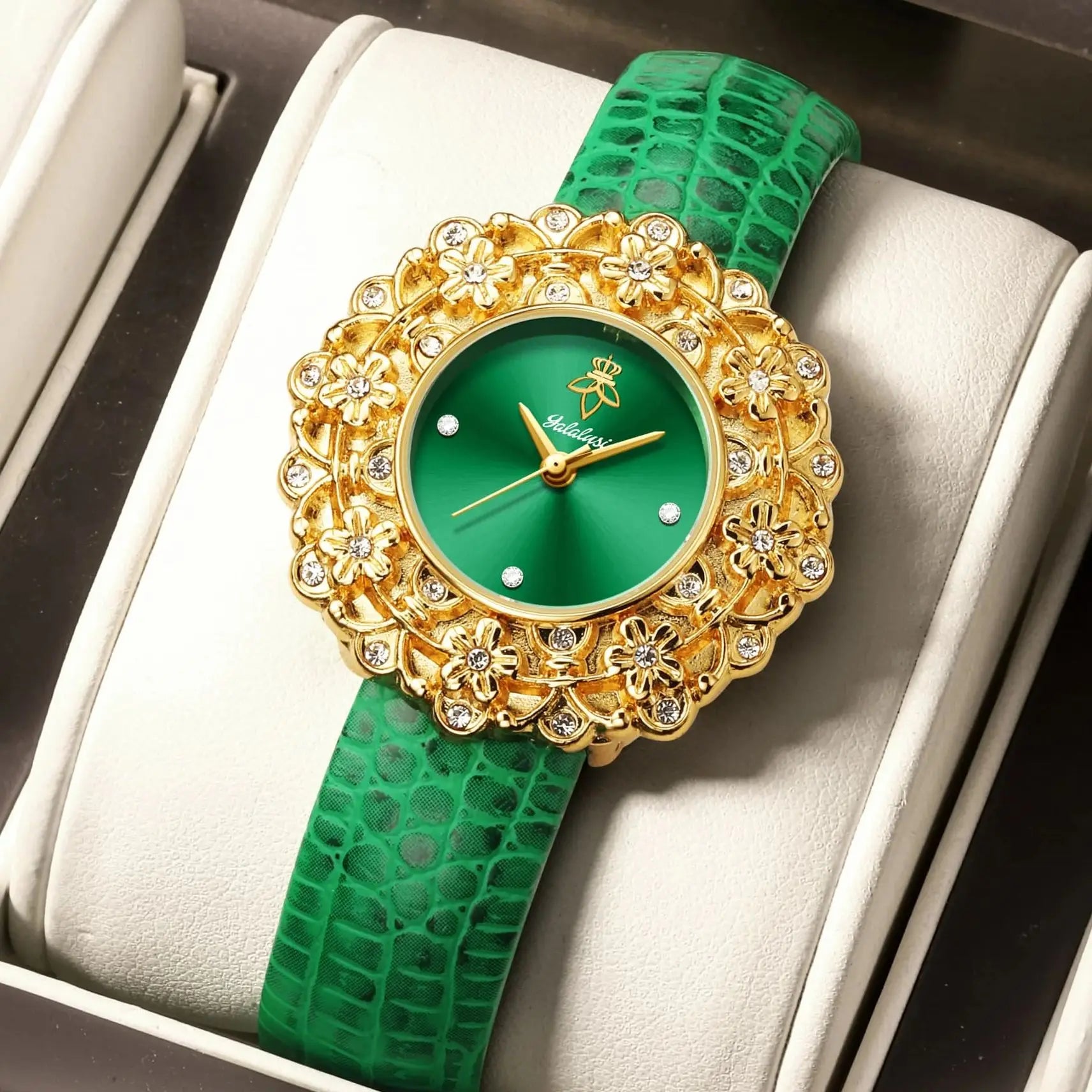 Montre à Quartz pour femmes, grand cadran émeraude avec strass scintillants, magnifique cadeau de fleur dorée
