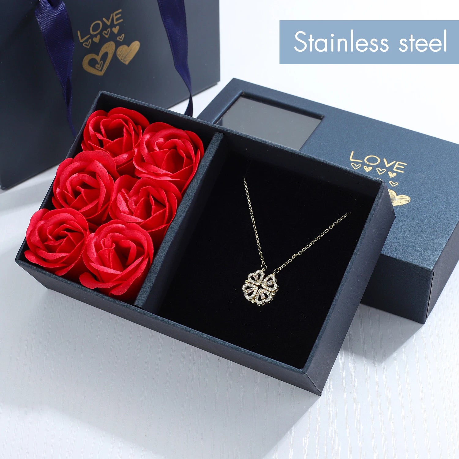 Coffret cadeau Rose collier d'herbe à quatre feuilles collier coeur mignon trèfle à quatre feuilles collier délicat colliers en or cadeaux pour petite amie