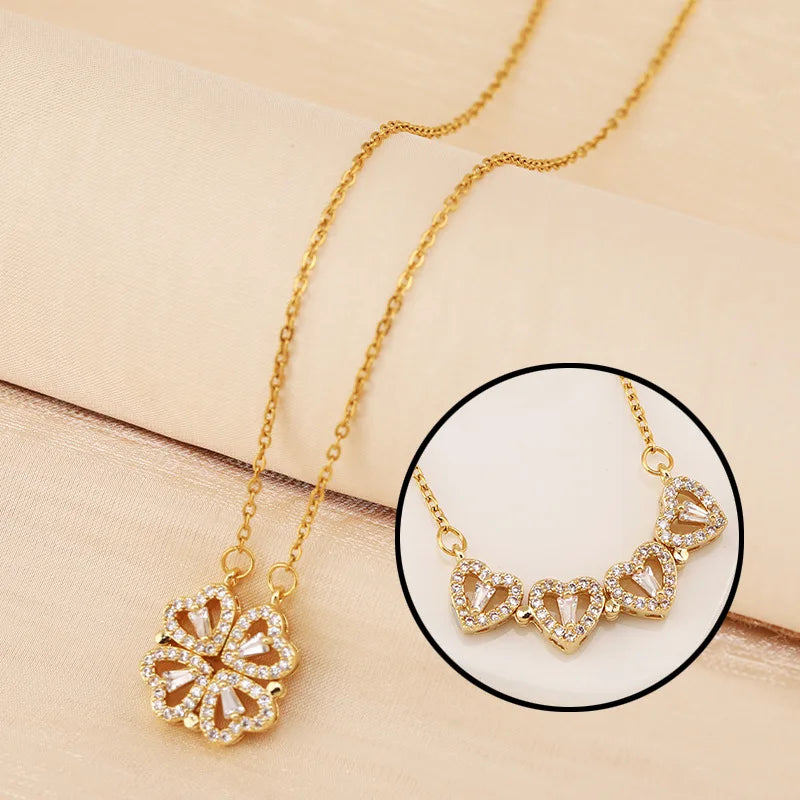 Coffret cadeau Rose collier d'herbe à quatre feuilles collier coeur mignon trèfle à quatre feuilles collier délicat colliers en or cadeaux pour petite amie