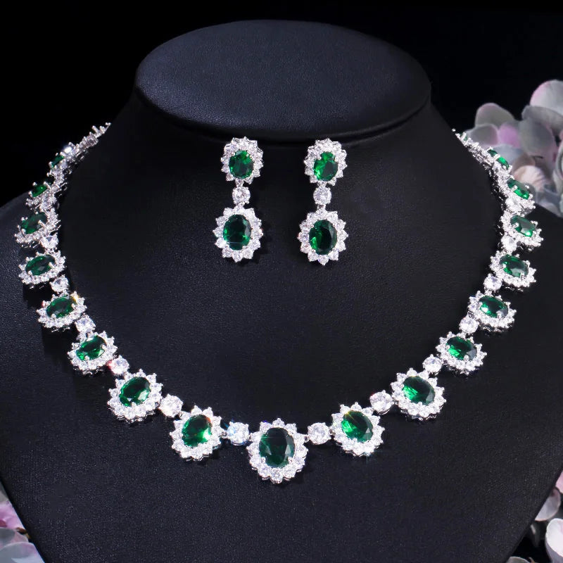 Women Luxury Gorgeous Full CZ Stones Big Oval Around Dark Blue Crystal Flower Party Wedding Dress Necklace Jewelry Sets for Lady