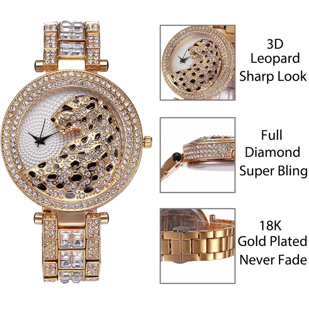 MISSFOX femmes montre à Quartz mode Bling décontracté dames montre femme Quartz or montre cristal diamant léopard pour les femmes horloge