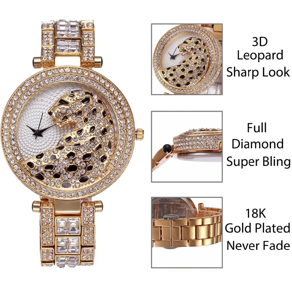 MISSFOX femmes montre à Quartz mode Bling décontracté dames montre femme Quartz or montre cristal diamant léopard pour les femmes horloge