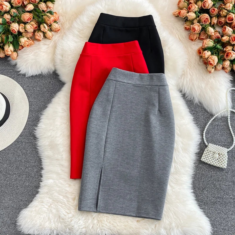 Jupe croayon femme solide taille haute de travail nouvelle mode ;coupe ajustée fendue