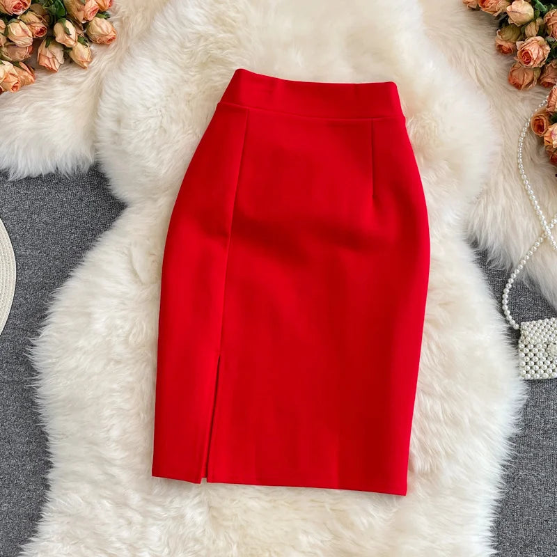 Jupe croayon femme solide taille haute de travail nouvelle mode ;coupe ajustée fendue