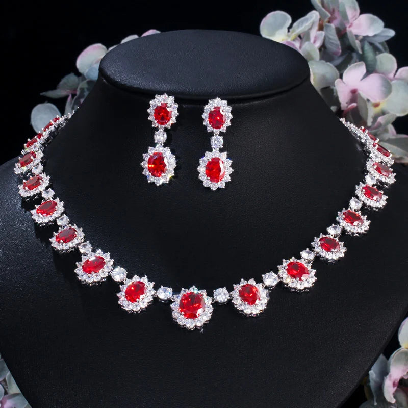 Women Luxury Gorgeous Full CZ Stones Big Oval Around Dark Blue Crystal Flower Party Wedding Dress Necklace Jewelry Sets for Lady
