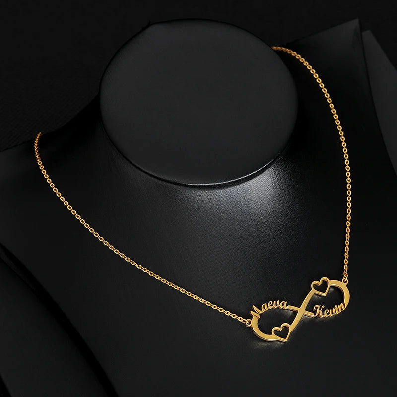 Colliers infini personnalisés à Double cœur et deux noms pour femmes, pendentif en acier inoxydable, bijoux personnalisés, cadeau