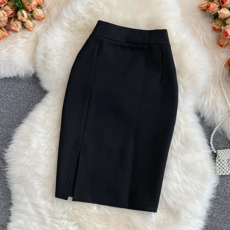 Jupe croayon femme solide taille haute de travail nouvelle mode ;coupe ajustée fendue