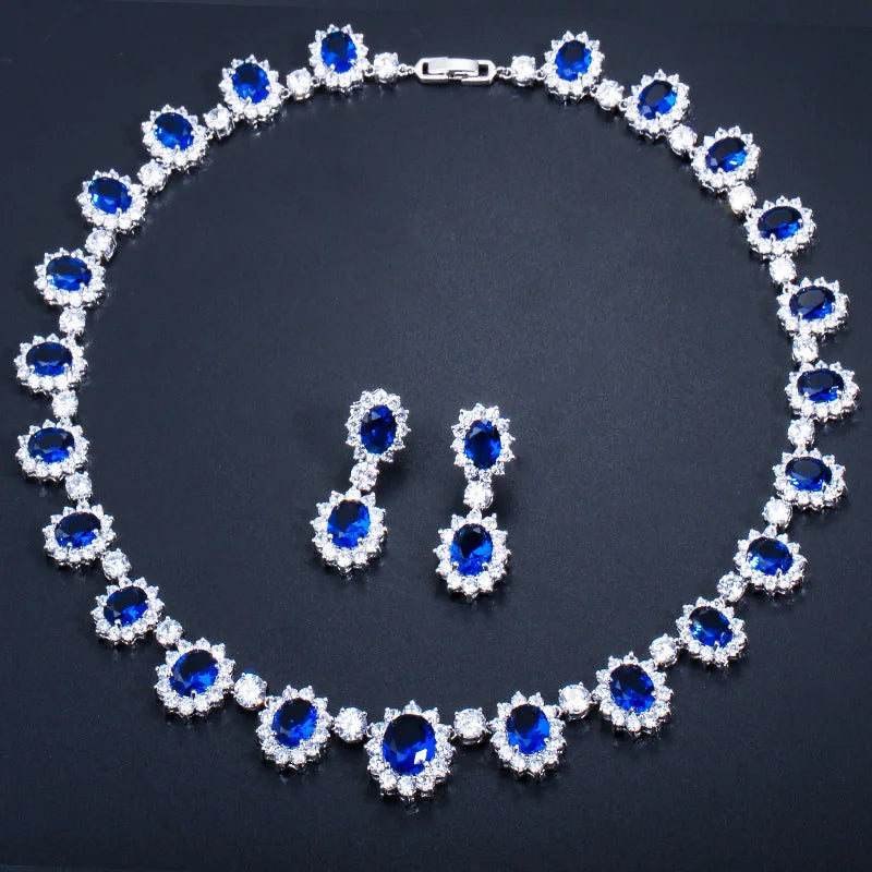 Women Luxury Gorgeous Full CZ Stones Big Oval Around Dark Blue Crystal Flower Party Wedding Dress Necklace Jewelry Sets for Lady