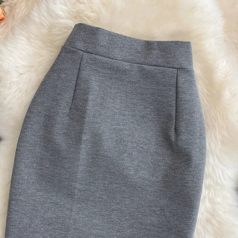 Jupe croayon femme solide taille haute de travail nouvelle mode ;coupe ajustée fendue