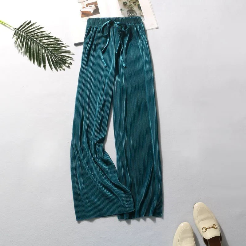 Pantalon d'été plissé en soie pour femmes, couleur unie, taille élastique, jambes larges, décontracté, en mousseline de soi